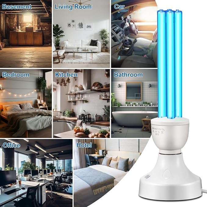 Qualirey 2 Pack 25 Watt UV Light Disinfection, UVC Light with E27 Base and Remote Control and UV Protection Glasses, Light Bulb for Basement/Bedroom/Kitchen, with Ozone