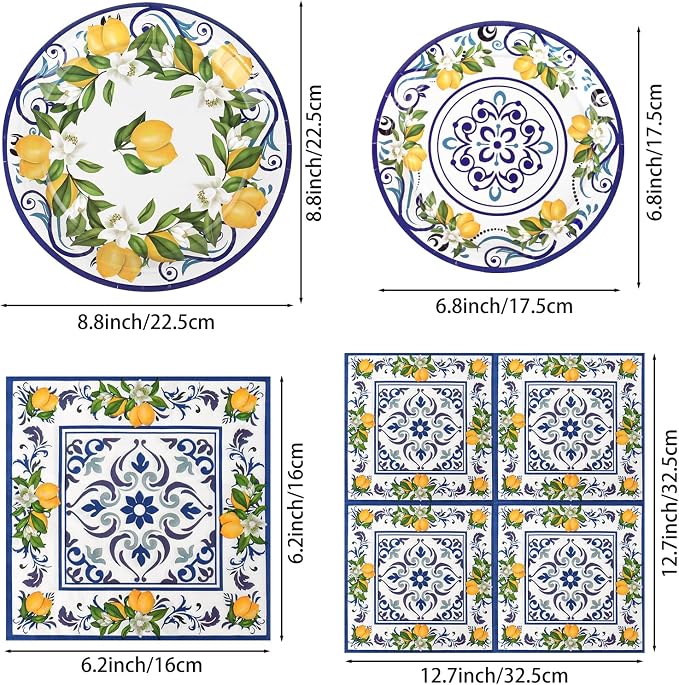 108 Pcs Lemon Party Plates and Napkins Blue Tiles Mediterranean Party Decor Disposable Tableware Sets Baby Shower Birthday Decorations Supplies Favors for 36 Guests