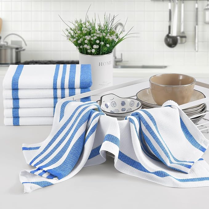 Homaxy Premium Kitchen Towels 18”x 28”, Large Cotton 380 GSM Kitchen Hand Towels, Stripe and Terry Dish Towel, Highly Absorbent Tea Towel Set with Hanging Loop, 8 Pack, Blueberry