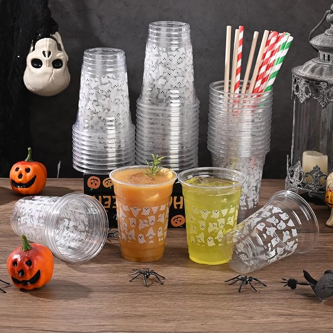 AimFun Halloween Ghost Plastic Cups White Black Ghosts Disposable Party Cup Cute Boo Spooky 12oz Clear Cups for Candy Beverage Snacks Birthday Baby Shower Party Supplies (100, Ghosts)