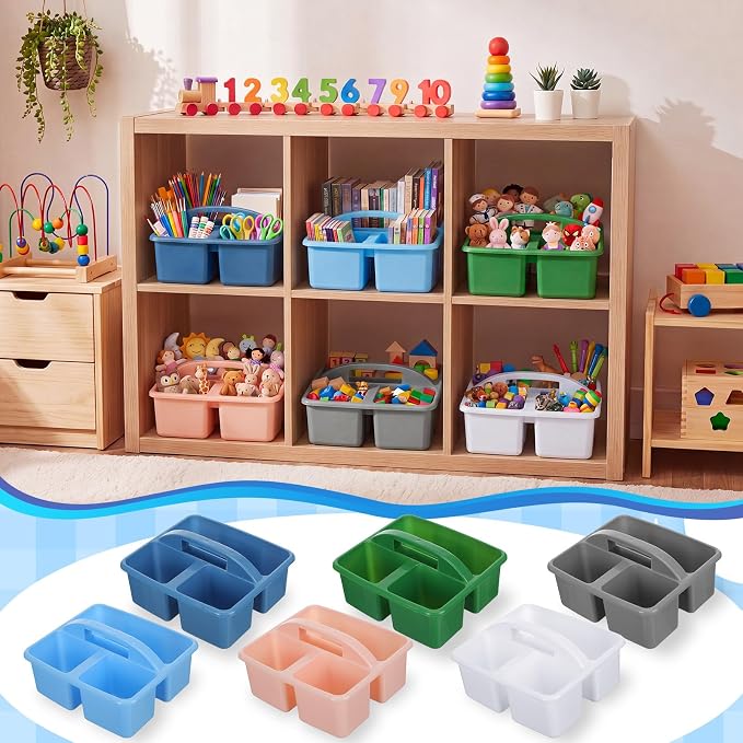 Geelin 24 Pack Classroom Caddy Bulk, Plastic Storage Caddy with Handle and 3 Compartments, Stackable Art Supply Caddies Organizer(Morandi)