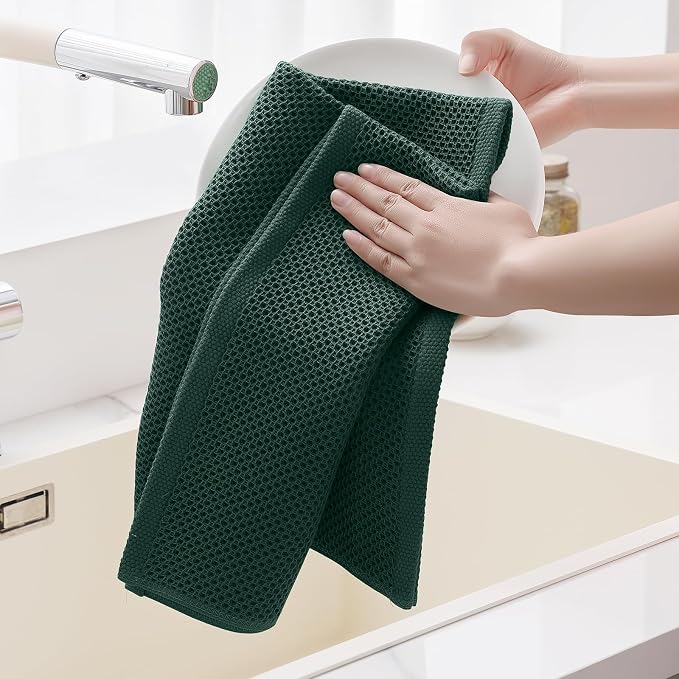 Homaxy 100% Cotton Oversized Waffle Weave Kitchen Dish Towels, Ultra Soft Absorbent Quick Drying Cleaning Towel, 20x28 Inches, 8-Pack, Blackish Green