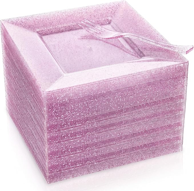 DaYammi 200 Pcs Pink Dessert Plates Including 100Pcs Appetizer plates 6'',100Pcs Plastic Forks 5.7'',Rose Glitter Plastic Square Plate for Wedding,Pink Cake plates and forks for Party Bridal Shower