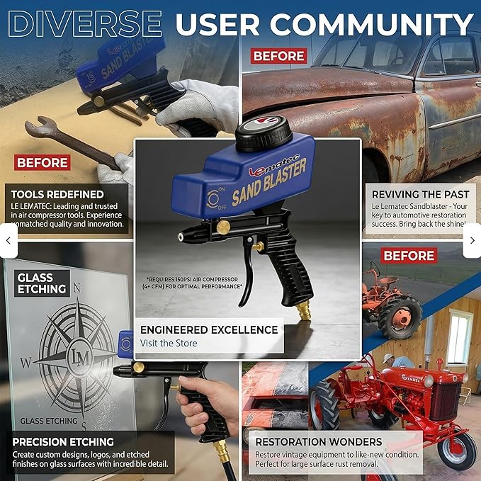 LE LEMATEC Portable Sand Blaster Gun Pro Kit (Pistola de Arena) - Premium Rust & Paint Removal for Auto, Patio & Furniture Restoration - Ceramic Nozzle - Optimized for 90 PSI 4 CFM Compressors