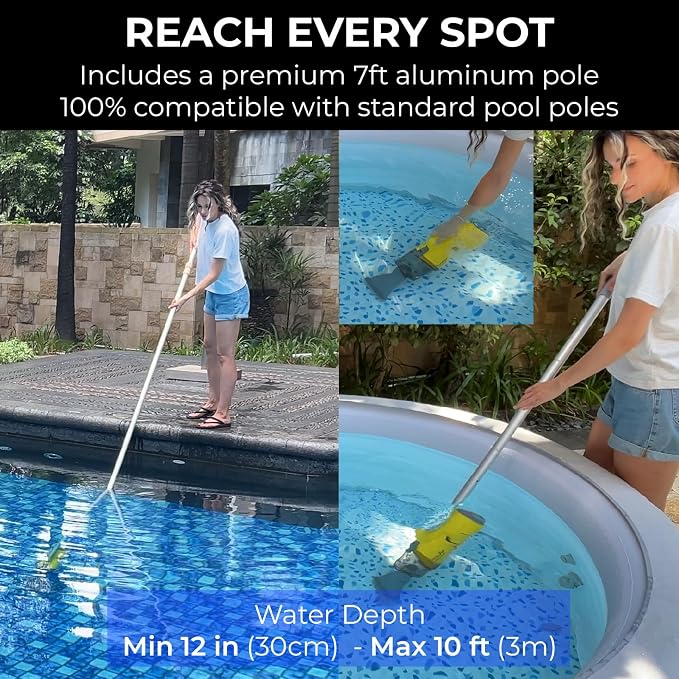 16V Cordless Handheld Pool Vacuum - 26,000Pa Hyper Suction, 3-Stage 3D Fiber Ball Micro-Filtration, Fine Filter, XL 0.3gal Canister, 7ft Pole & 2 Heads, for Inground & Above Ground Pools, Spas