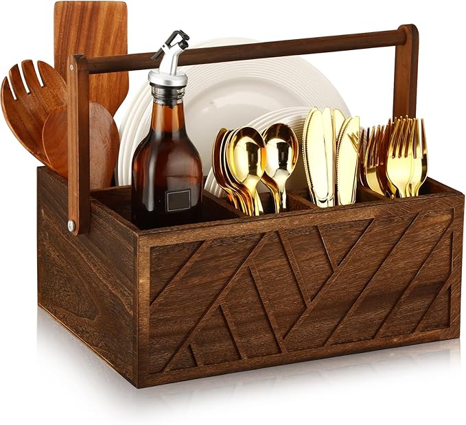 LemonRoad 13 Inch Rustic Silverware Caddy with Handle Wooden Flatware Utensil Holder Paper Plate and Silverware Caddy Organizer Cutlery Holder for Kitchen Countertop Picnic Cups Forks Napkins(Brown)