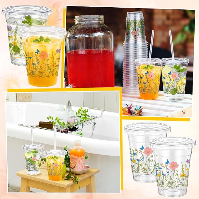 Vesici 100 Pcs Floral Plastic Cups 12 oz Floral Botanical Clear Spring Disposable Cups with Lid and Straws for Spring Summer Birthday Wedding Bridal Baby Shower Party Supplies(Wildflower Butterfly)