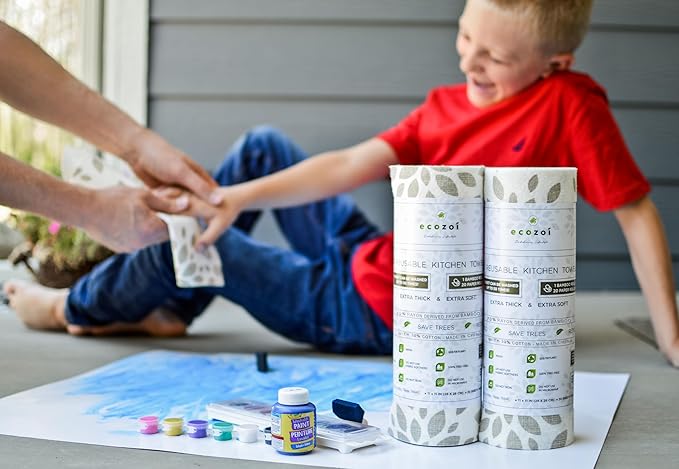 Ecozoi Bamboo Rayon Reusable Towels - 4 Pack | Equivalent to 80 Regular Rolls | 70% Rayon from Bamboo and 30% Cotton Kitchen Paper Rolls | 50 Times More Usage than Regular Paper Rolls