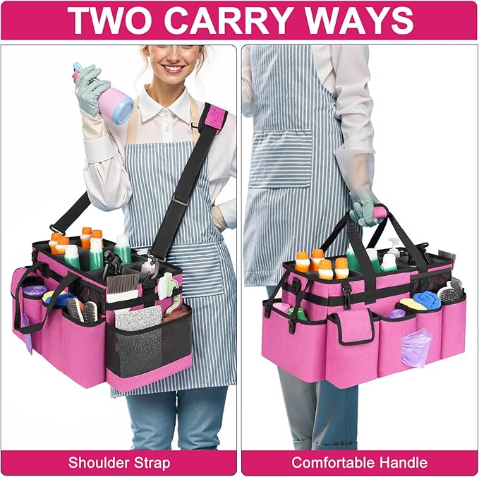 Cleaning Caddy Bag,Extra Large Cleaning Supplies Organizer with Handle for Housekeepers,Rose Red