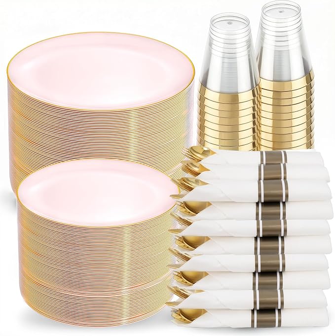 KIRE 350 PCS Pink Plastic Plates - Pink and Gold Disposable Dinnerware 50 Guest Include 50 Dinner Plate - 50Dessert Plate - 50Pre Rolled Napkins with Silverware for Party/Wedding/Baby Shower