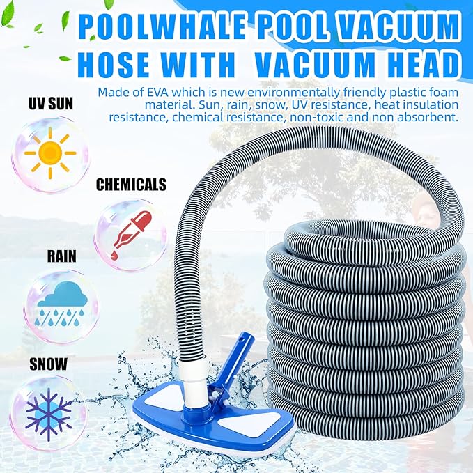 4 Pcs Swimming Pool Vacuum Kits 11.8" Vacuum Head with 1-1/2" x 29.5 ft Hoses, 13.7ft Pole and 17" Skimmer Net Flexible Head with Wheels for Above Ground Inground Hot Tub Cleaning Tool