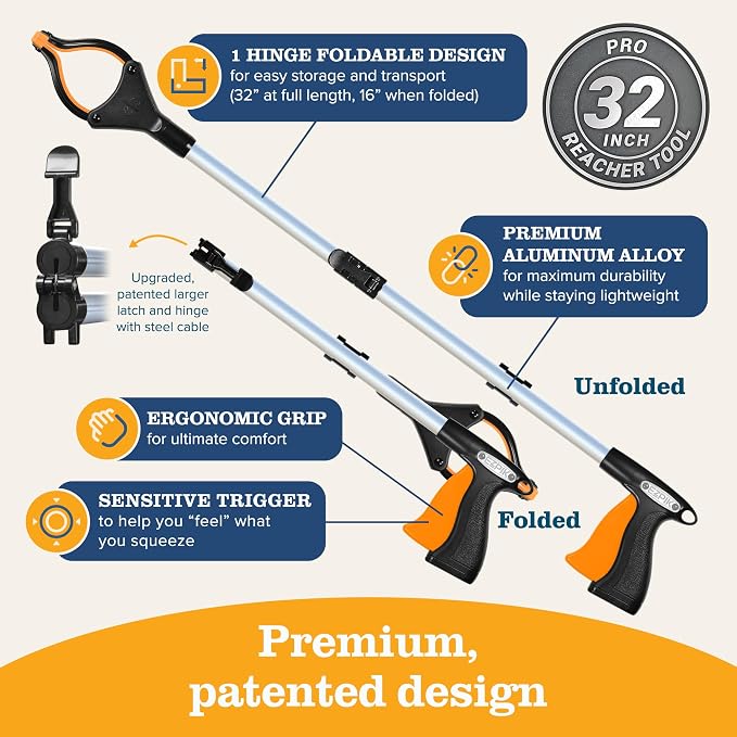EZPIK® Grip Aid Tool Grabber Reacher + Magnets - Grabbers for Seniors, Trash Picker Upper Grabber - Trash Grabber Tool- Reacher Grabber Pickup Tool (Silver, 32″ (Pack of 2))