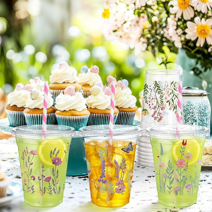 FoldTier 100 Pcs Wildflower Cups Plastic with Lids and Straws 12 oz Disposable Floral Drinking Cups for Tea Party Wedding Love in Bloom Baby Shower Bridal Shower Wild Flower Graduation Supplies