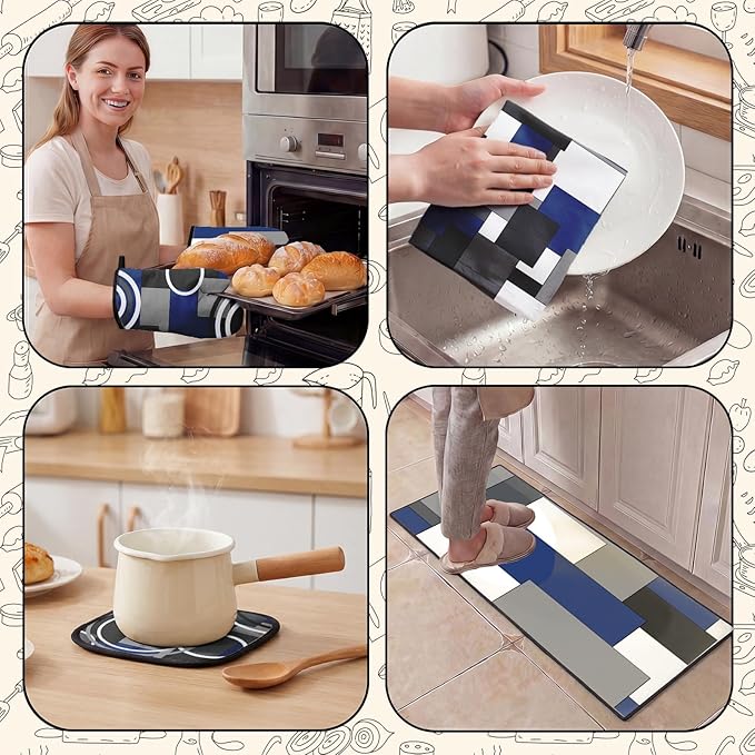 10 Pcs Navy Blue Kitchen Decor and Accessories Set, 4 Dish Towels Kitchen Rugs 2 Oven Mitts 2 Pot Holders, Home Decor for Cooking Baking BBQ Gifts Women Mom Housewarming