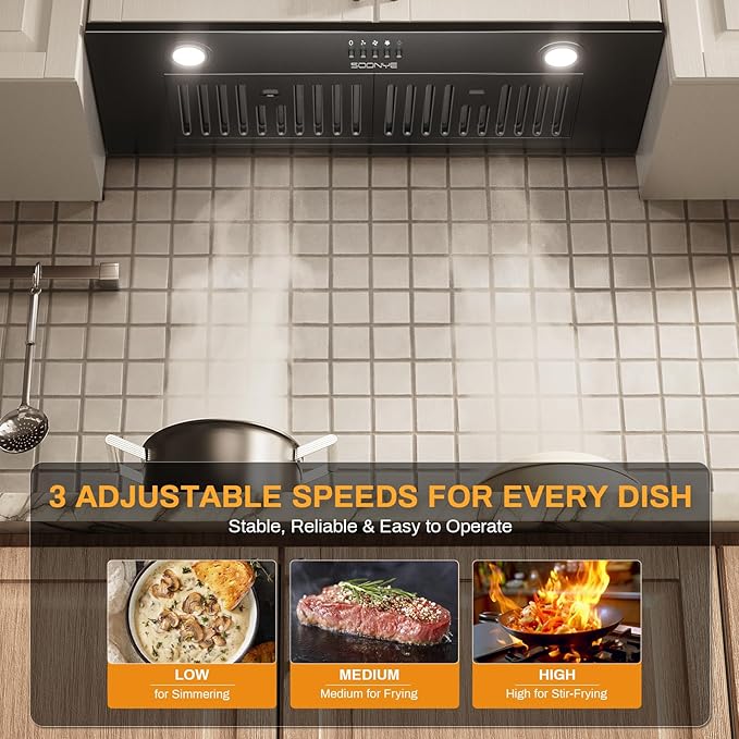30 Inch Range Hood Insert, 600 CFM Convertible Ducted/Ductless Kitchen Hood with Matte Black Finish on Stainless Steel, 3-Speed Exhaust Fan with LED Lights, Baffle & Carbon Filters