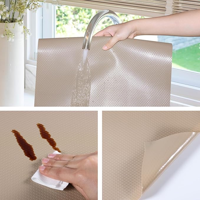 Beige Shelf Liners for Kitchen Cabinets Non Adhesive Drawer Liner for Bathroom Waterproof Refrigerator Liners for Shelves Fridge Plastic Mats Cabinet Cupboard Liner 17.5 x 393.7 Inches