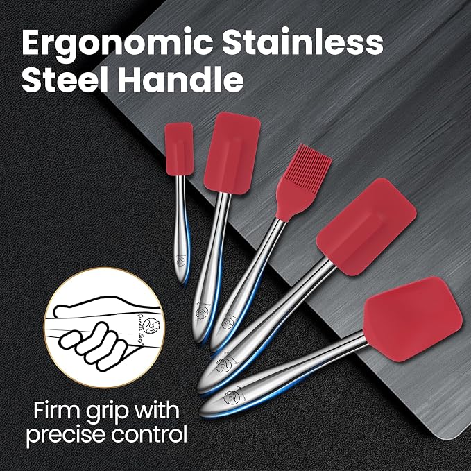 5pcs Silicone Spatula Cooking Utensils Set with Stainless Steel Handles, Premium Heat-Resistant Kitchen Utensils for Baking, Spoonula & Silicone Brush Included, Safe for Nonstick Cookware (Red)