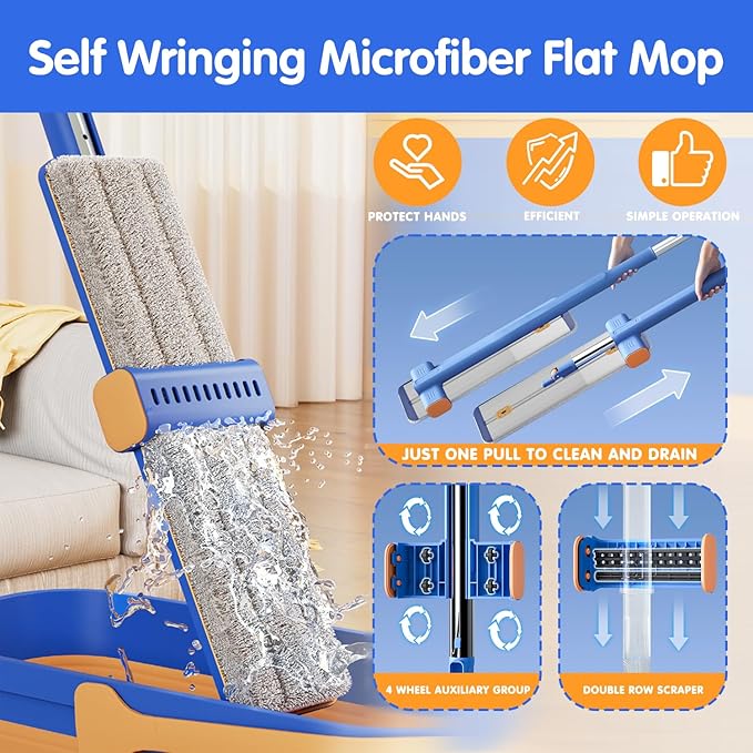 Self Wringing Microfiber Flat Mop and Bucket System with 16.5" Large Head and 55" Long Handle for Floor Wall Cleaning, 5 Microfiber Pads and Foldable Bucket, Wet and Dry