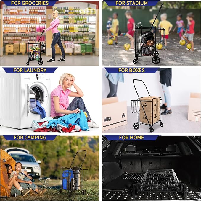BIEAMA Folding Shopping Cart, 200 Lb Capacity Grocery Cart, Medium Size | Heavy Duty Utility Cart with 360 Rolling Swivel Wheels, Extra Basket
