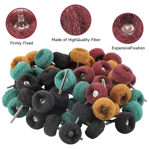 50 PCS Abrasive Buffing Wheels,1 Inch Buffing Polishing Wheel Set for Rotary Tool Accessorie 1/8'' (3mm) Shank, 80 150 240 400 600 Grits for Metal,Wood, Rust Removal
