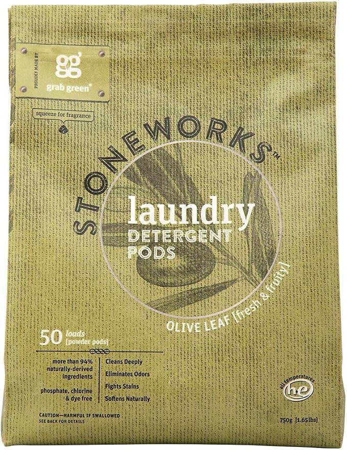 Grab Green Stoneworks Laundry Detergent Pods, 50 Loads, Olive Leaf | EPA Safer Choice; Plant & Mineral-Based; Fights stains; Eliminates odors; Softens naturally; No Harsh Chemicals