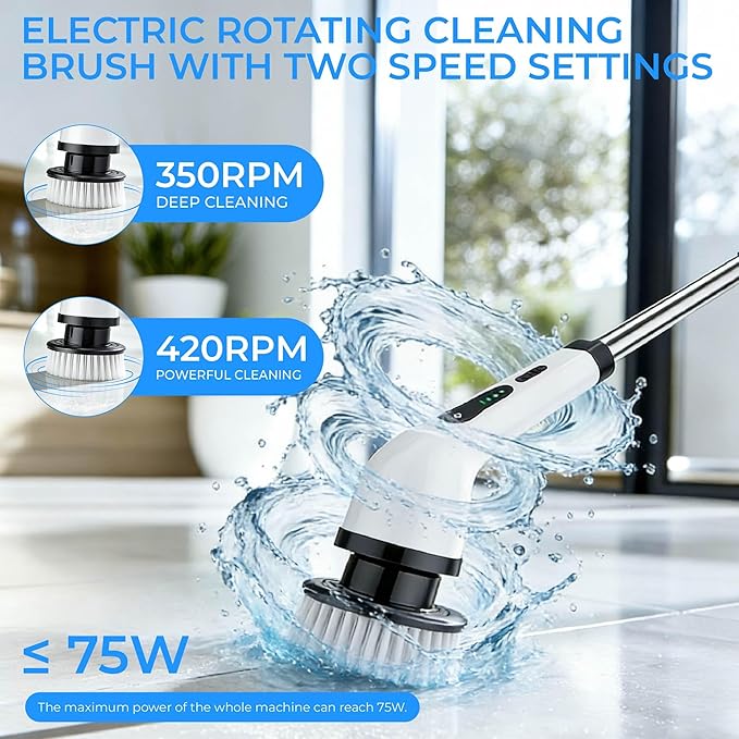 Electric Spin Scrubber for Bathroom, Cordless & Rechargeable with 6 Interchangeable Heads, Extendable Long Handle 48 in for Tile, Grout, Tub & Floor Cleaning