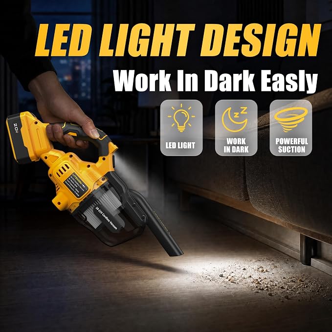 LITEKON Cordless Vacuum Compatible with 𝗗𝗘-𝗪𝗔𝗟𝗧 20V Max Battery (No Battery), Handheld Battery Powered Vacuum Cleaner for Wood Floor, Carpet, Car Cleaning, 125AW (Tool Only)
