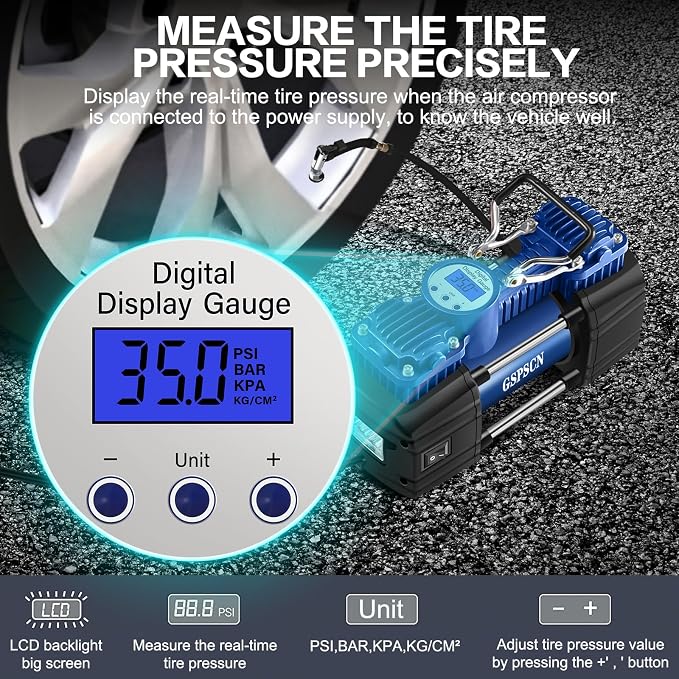 GSPSCN Heavy Duty Tire Inflator 12V Portable Digital Air Compressor Pump | w/ Tire Repair Kit & Toolbox 6X Faster Inflation Auto-Shut off Double Cylinder Metal Air Pump 150Psi for Car,SUV,Truck,RV