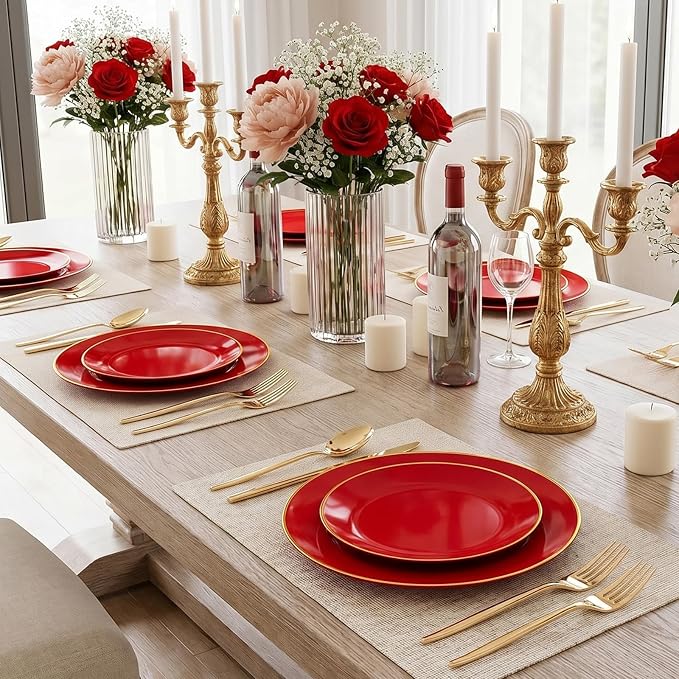I00000 150Pcs Red Plastic Plates with Gold Rim,Fancy Plastic Plates,Nice Disposable Plates Set include 30 Dinner Plate,30 Dessert Plate, 90 plastic Silverware Set for Valentine's Day
