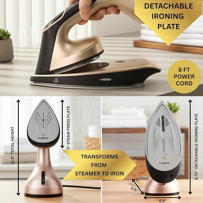True & Tidy DuoPress XL 2-in-1 Clothes Steamer & Iron, 1600W Powerful Turbo Steam, Large Ceramic Plate, Smart Temperature Control, 3 Steam Modes