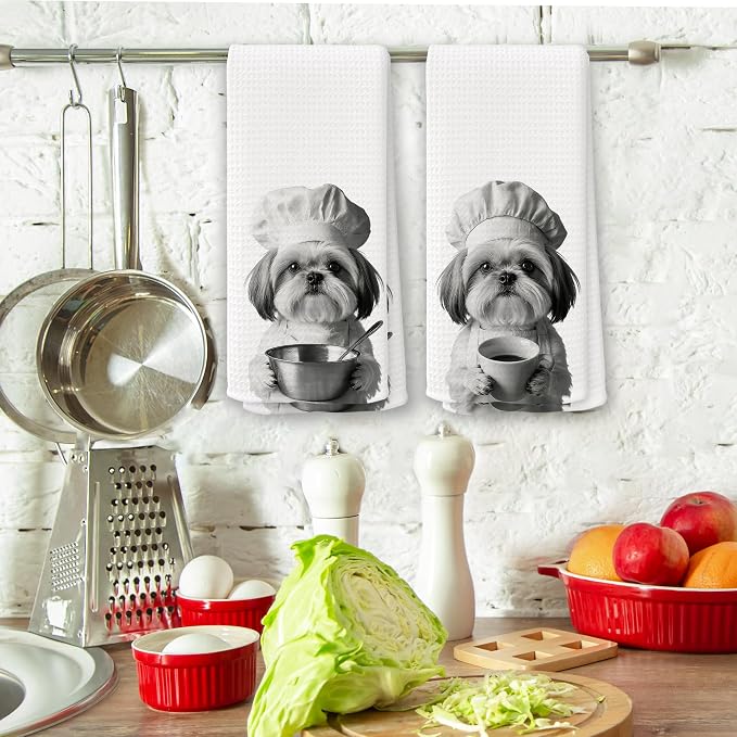 Funny Chef Shih Tzu Kitchen Towels Set of 2, Shih Tzu Dog Gifts for Women Dish Tea Towels for Kitchen, Dog Mom Lovers Owner Gifts Decorative Hand Towel, 16x24 Inch