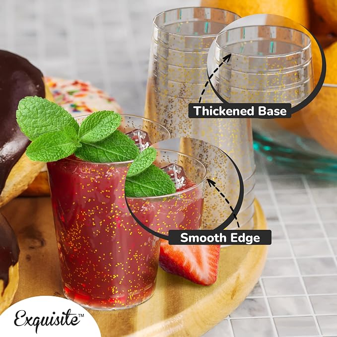 Exquisite Gold Plastic Cups Disposable, Clear Plastic Tumblers 10 Oz. 200 Ct. - Glitter Tumblers, Gold Glitter Cups Disposable For Party, Weddings, Cocktail Glasses & Wine Glasses