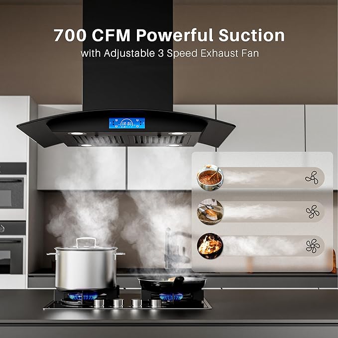 FIREGAS Black Island Range Hood 30 Inch, 700 CFM Island Kitchen Hood with Touch & Gesture Control, 3 Speed Fan, LED Lights, Ducted/Ductless Convertible Stove Vent Hood