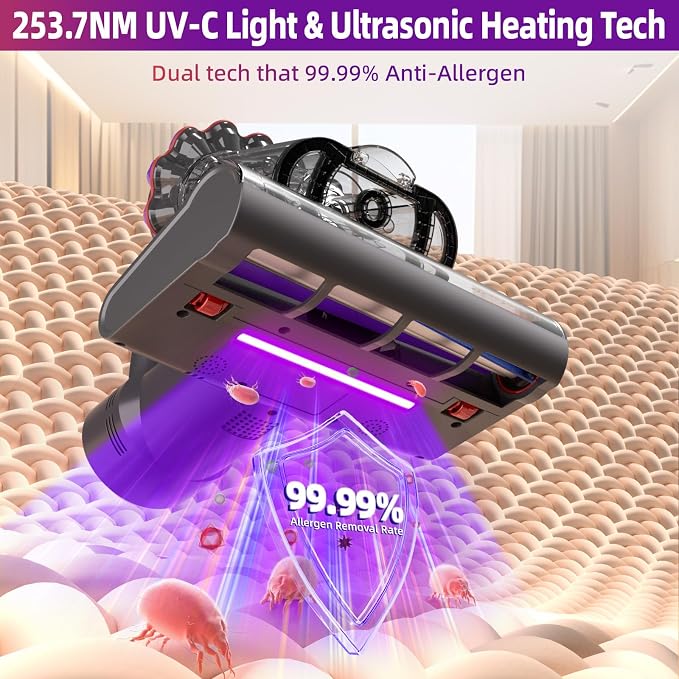 Mattress Vacuum Cleaner - 16Kpa Bed Vacuum with 253.7nm UV-C Light, 140°F Heat Ultrasonic & Hepa Filter, 500W Handheld Couch Cleaner with 3L Dust Cup for Pet Carpet Sofa Hair (D-Purple/Corded)