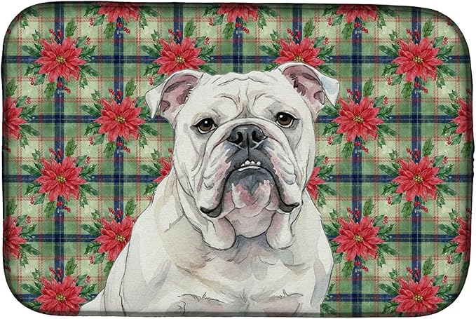 Caroline's Treasures White English Bulldog Christmas PoinsettIas Dish Drying Mat Absorbent Dish Drying Mat Pad for Kitchen Counter Dish Drainer Mat for Countertop, 14 x 21", Multicolor