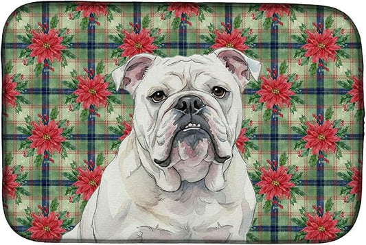 Caroline's Treasures White English Bulldog Christmas PoinsettIas Dish Drying Mat Absorbent Dish Drying Mat Pad for Kitchen Counter Dish Drainer Mat for Countertop, 14 x 21", Multicolor