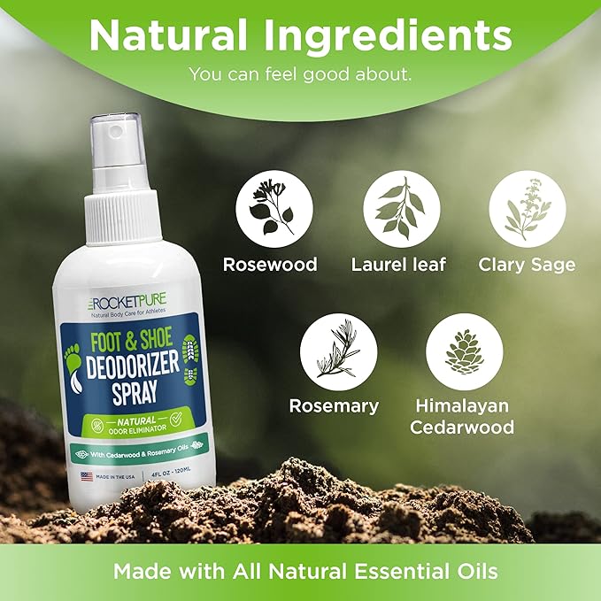 Rocket Pure Natural Foot and Shoe Deodorizer Spray, Deodorant and Odor Eliminator for Smelly Feet, Smell Remover, Formulated with Essential Oils, Made in the USA, Cedar, 4 fl oz
