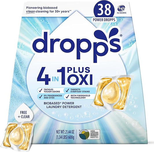 Dropps 4-in-1 Plus Oxi Laundry Detergent Pods, Free & Clear (38 Count) - Unscented Laundry Pods | Odor Defense | Fights Stains | Whitens & Brightens | Clean Ingredients | Plastic Free Packaging