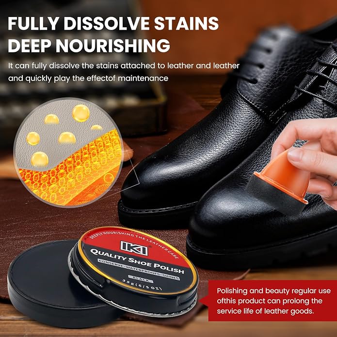IKI Leather Boot Care Kit - Shoe Polish & Shine Kit with Black Shoe Polish, Sponge Applicators, Horsehair Brush, Microfiber Cloth and Wash Bag, Shoe Care Set for Men & Women (Black)