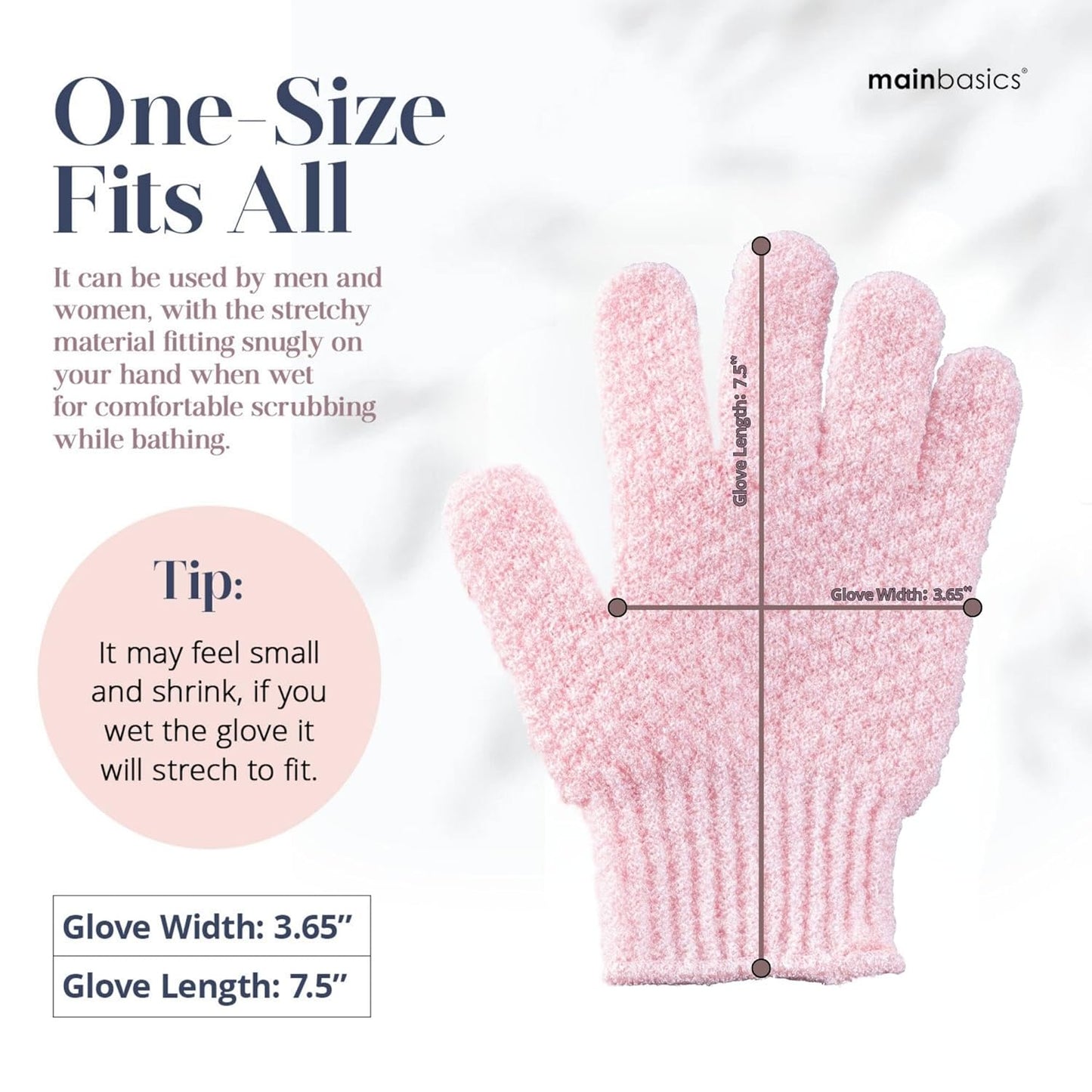 MainBasics Deep Cleansing Exfoliating Bath Gloves - Heavy-Textured Nylon Shower Scrub for Dead Skin Removal - Machine Washable with Hanging Loop (1 Pair, Soft Pink)