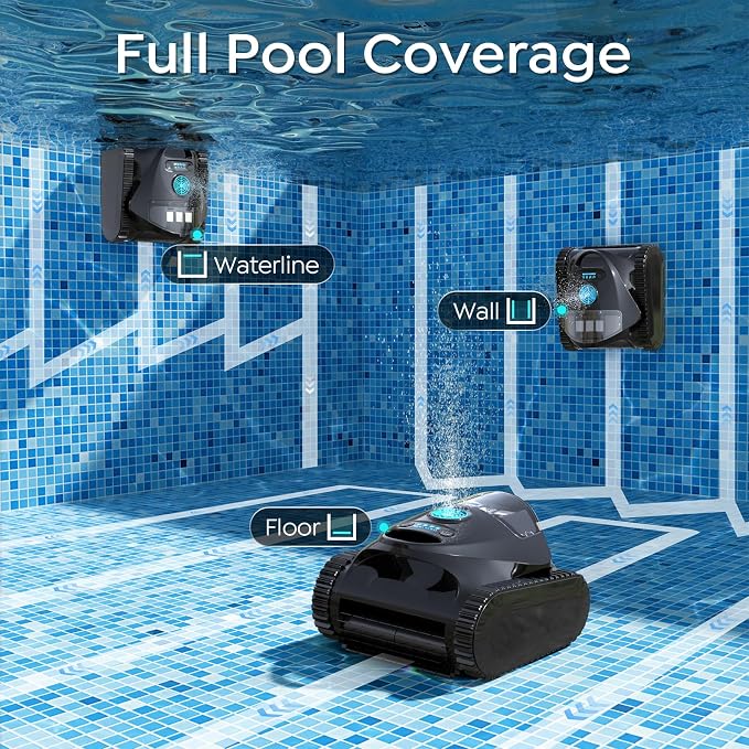 C1 Cordless Robotic Pool Cleaner with 180Mins, Wall Climbing & Waterline Cleaning, Long Runtime, Dual Layers, Automatic Pool Vacuum with APP, Multi Cleaning Modes and Paths, Transparent Navy Black