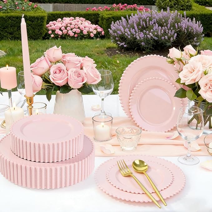 60PCS Pink Plastic Plates - Fancy Disposable Beaded Pink Plates Include 30 Dinner Plate 10’’ & 30 Dessert Disposable Plate 7’’ for Birthday, Baby Shower Spring, Wedding, Party & Mother's Day