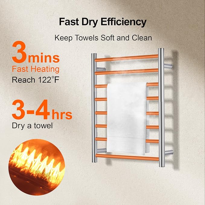 Towel Warmer Bathroom Wall Mounted Drying Rack Plug-in Electric Heated Towel Rack Stainless Steel (Brushed, 8 Bar)