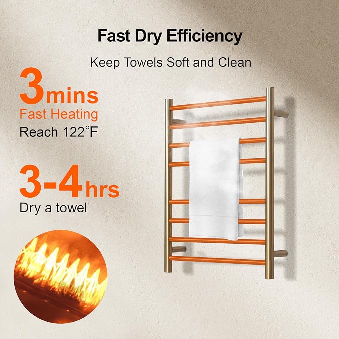 Electric Heated Towel Warmer - Wall Mounted Bathroom Towel Rack, Plug-in Design & Brushed Stainless Steel Finish 8 Bar Gold with Single Press
