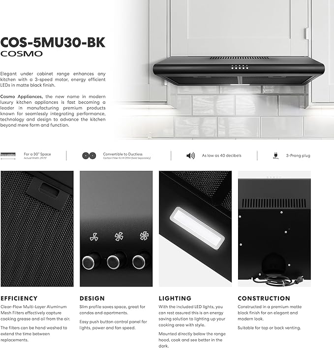 COSMO COS-5MU30-BK 30 in. Delta Collection Ducted Under Cabinet Range Hood, Button Controls, Reusable Filters, LED Lights in Matte Black