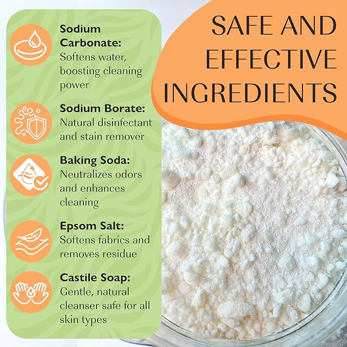 Natural Laundry Detergent Soap | Hypoallergenic Deep Cleaning Washing Powder | Eco-Friendly, Safe, and Effective BORAX, SODA ASH, EPSOM SALT, BAKING SODA and CASTILE SOAP (65 Loads) (Citrus)