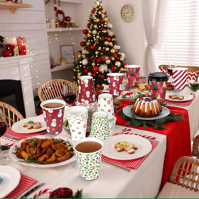 Hallswl 100 Pieces 12 oz Christmas Paper Cups with Lids, Disposable Coffee Cups for Cold Beverage Hot Drinking,Snowflake Tree Stripes Holly Berry Snowman Pattern Cup for Christmas Decorations
