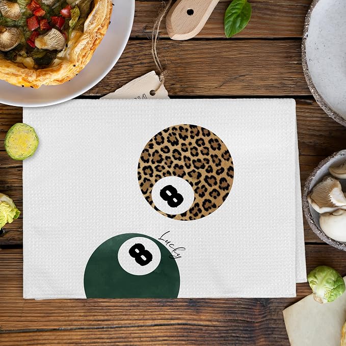 Trendy Leopard Cheetah Print Poker Lucky 8 Ball Decor Kitchen Towels and Dishcloths, Funky Dark Emerald Forest Green Leopard Decor Dish Hand Towels for Bathroom Kitchen Sets of 2, 16x24inch