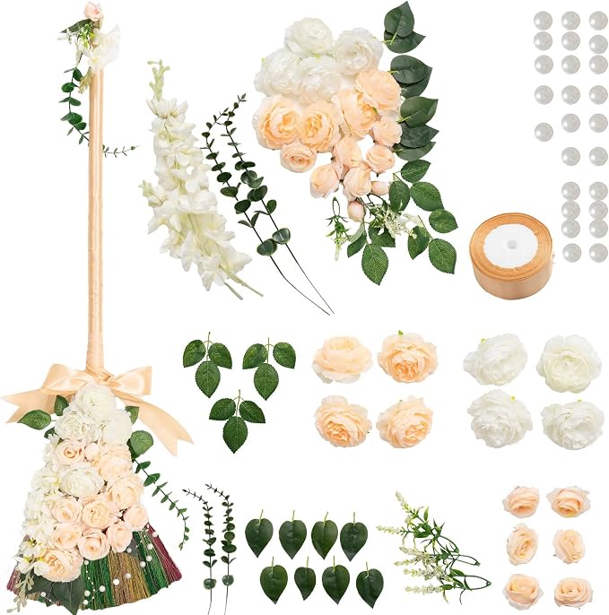 Wedding Brooms Bride Bridegroom, Jumping The Broom for Wedding, Natural Whisk Broom with Ribbons, Artificial Pearl, Leaves,Roses for Decorative Wedding