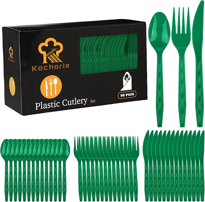 Kochorie 90 Pieces Dark Green Plastic Cutlery Set Disposable Plastic Utensils Heavy Duty Flatware Set Includes 30 Knives 30 Forks 30 Spoons for Birthday Graduation Party, Picnic